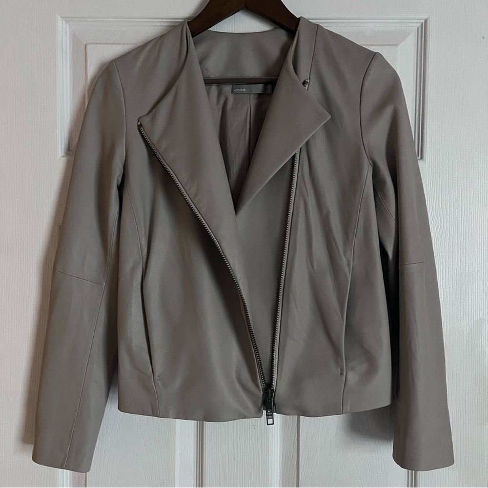 Vince Cross Front Dove Gray Washed-Leather Jacket - Picture 6 of 11